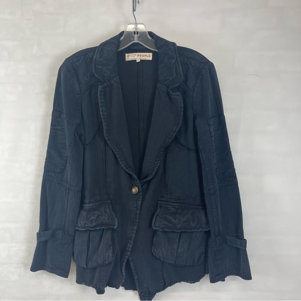 Free People Distressed Utility Blazer Jacket Velvet Trim Pockets Blue XS